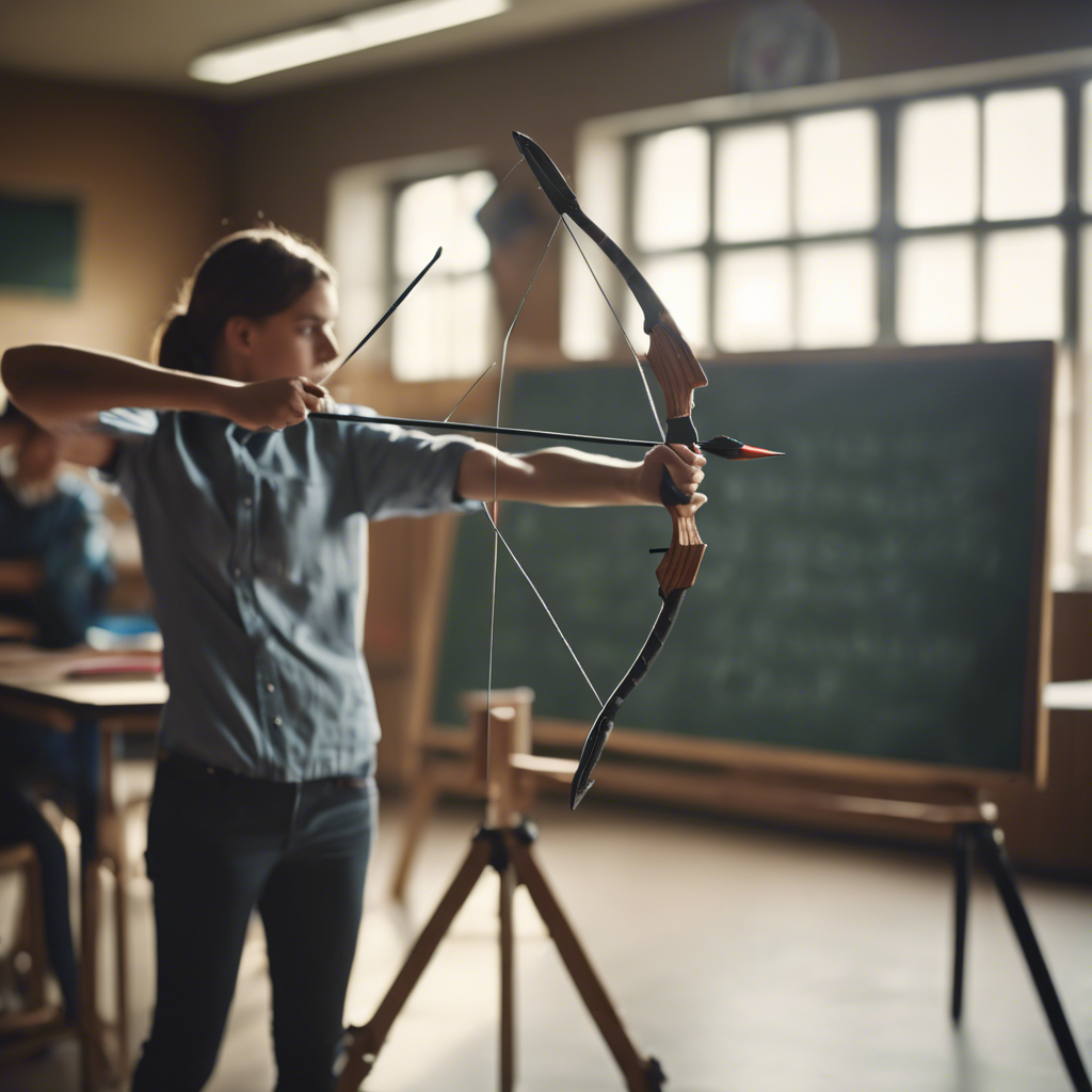 Lehrkraft schießt mit Pfeil und Bogen auf eine Kreidetafel im Klassenraum. Im Hintergrund sind Schüler:innen, die an Gruppentischen sitzen und arbeiten.