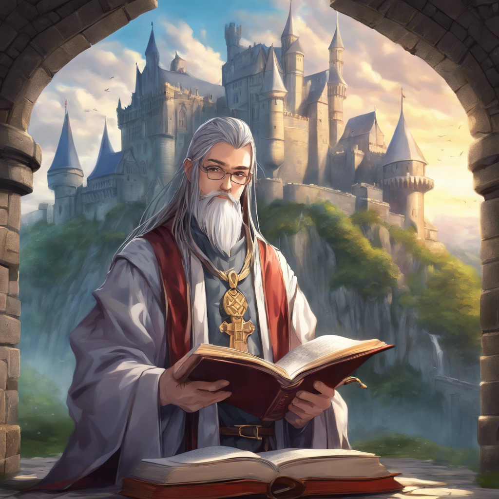 Zeichnung eines geweihter Fantasy-Prister mit Buch in der Hand. mittelalterliche Burg im Hintergrund, mystisch, friedlich, ruhig