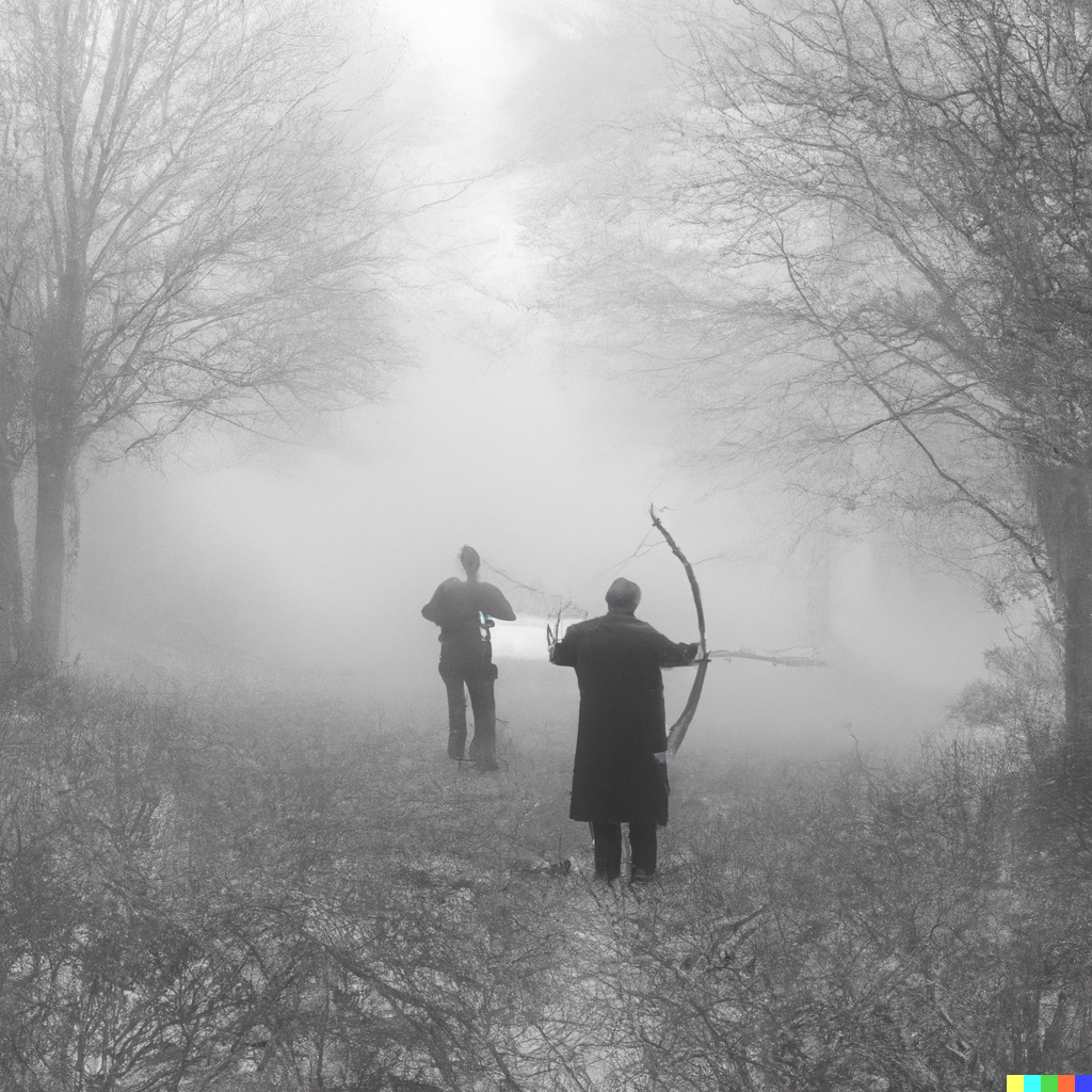 Zwei Menschen mit Bogen und Pfeilen, die im Nebel in unterschiedliche Richtungen zielen.