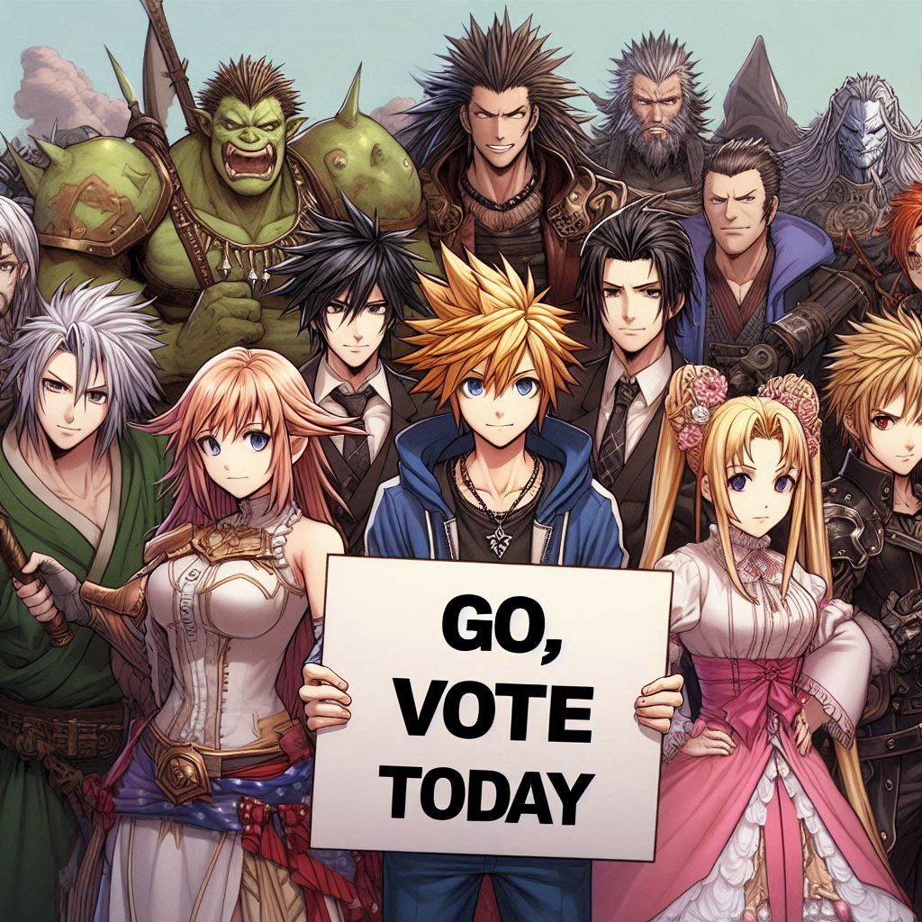 Viele Anime-Charaktere halten ein Schild hoch. Go, Vote today. (KI-generiert)